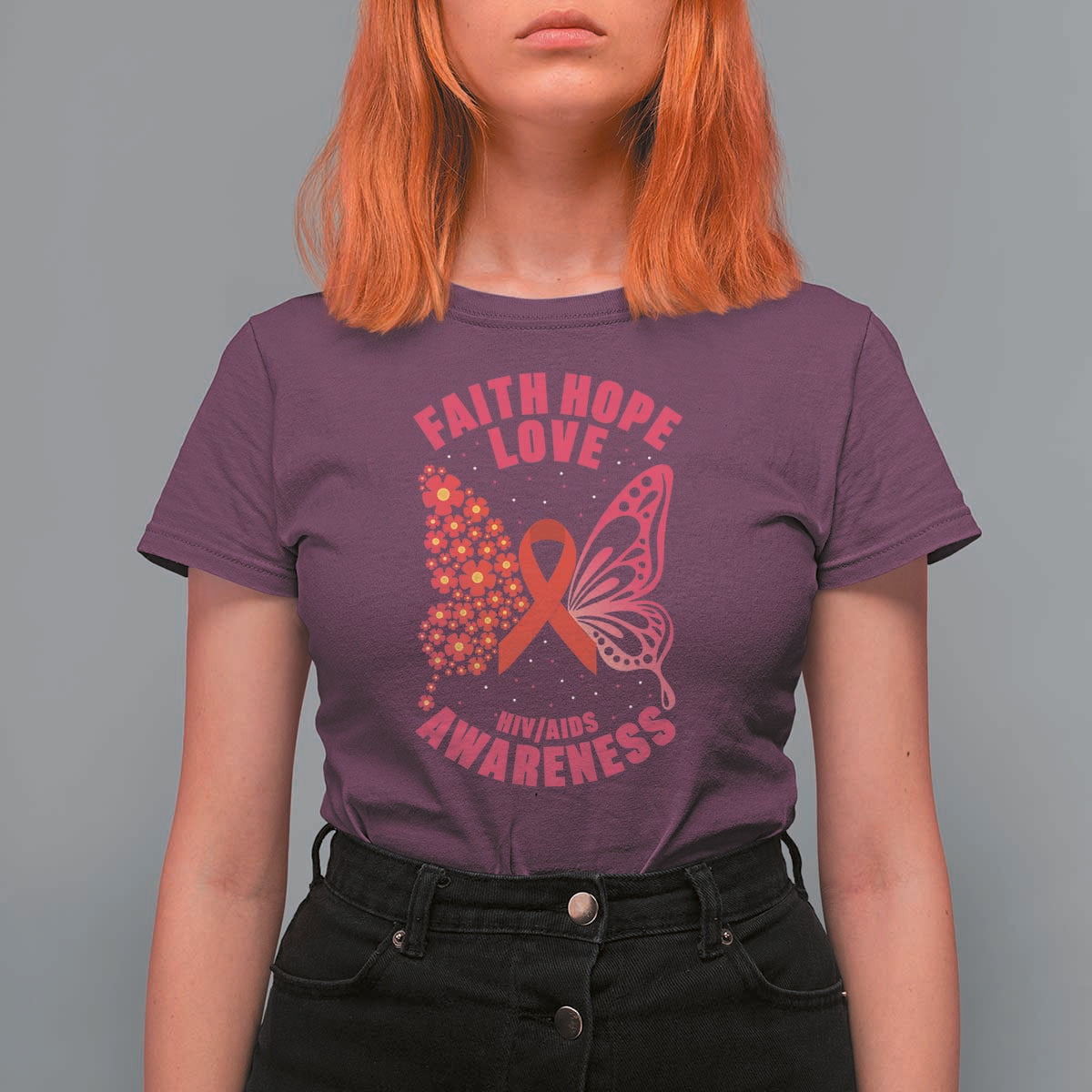 Faith Hope Love HIV Butterfly T Shirt For Women Awareness Month Gift - Wonder Print Shop