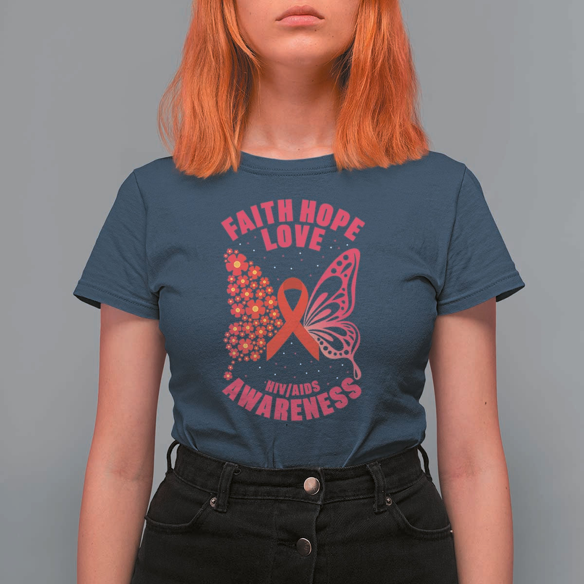 Faith Hope Love HIV Butterfly T Shirt For Women Awareness Month Gift - Wonder Print Shop