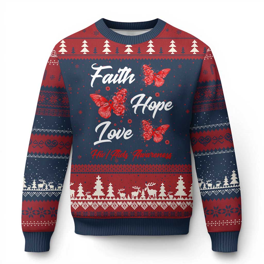 Faith Hope Love HIV AIDS Awareness Butterfly Gift Ugly Christmas Sweater - Wonder Print Shop
