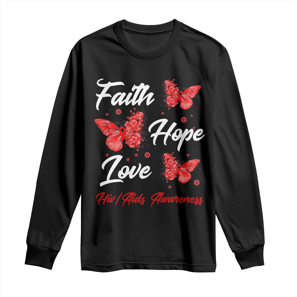 Faith Hope Love HIV AIDS Awareness Butterfly Gift Long Sleeve Shirt - Wonder Print Shop