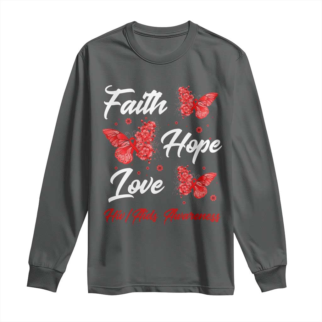 Faith Hope Love HIV AIDS Awareness Butterfly Gift Long Sleeve Shirt - Wonder Print Shop