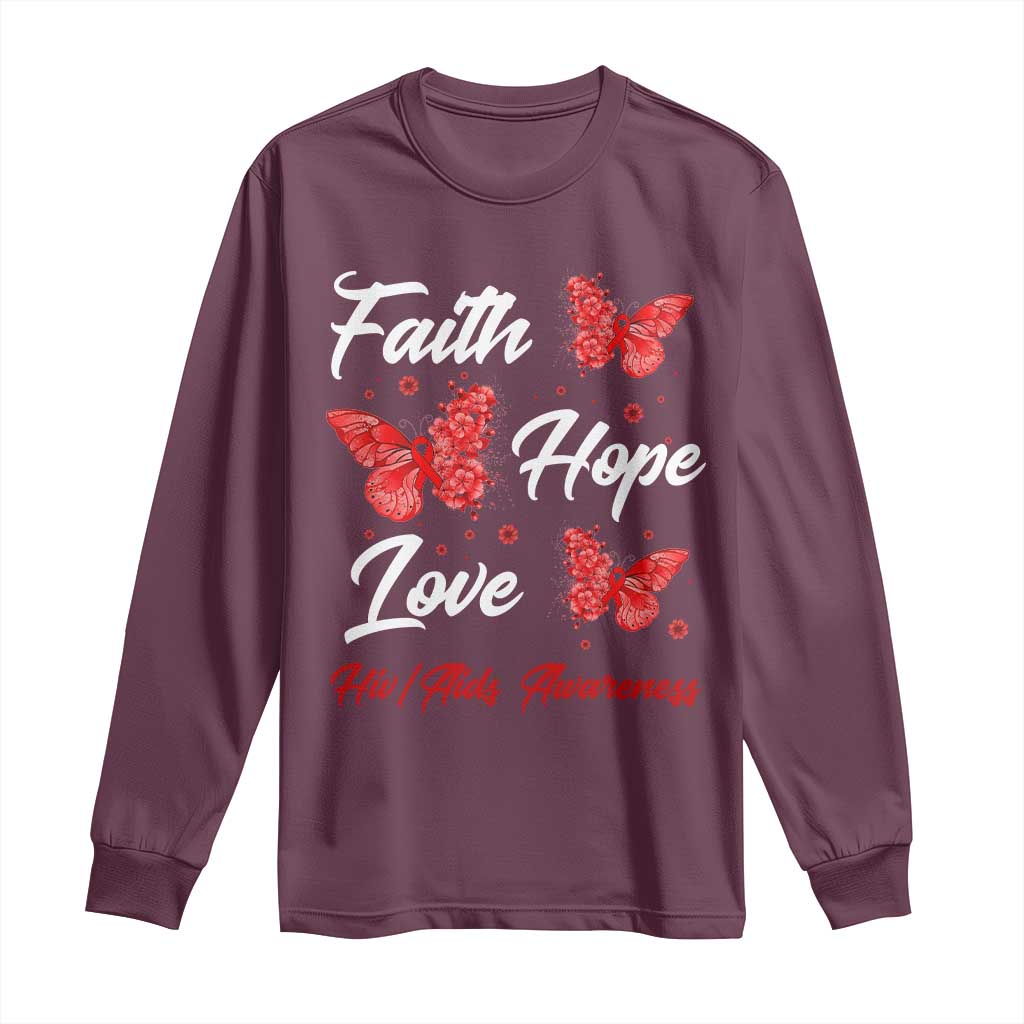 Faith Hope Love HIV AIDS Awareness Butterfly Gift Long Sleeve Shirt - Wonder Print Shop