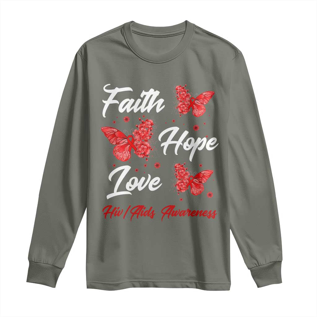 Faith Hope Love HIV AIDS Awareness Butterfly Gift Long Sleeve Shirt - Wonder Print Shop