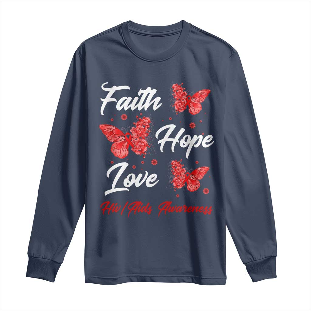 Faith Hope Love HIV AIDS Awareness Butterfly Gift Long Sleeve Shirt - Wonder Print Shop