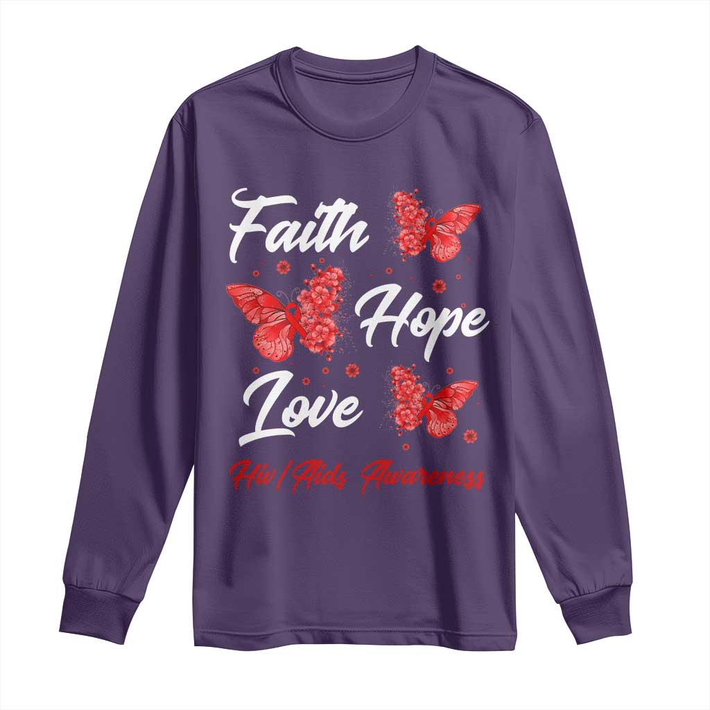 Faith Hope Love HIV AIDS Awareness Butterfly Gift Long Sleeve Shirt - Wonder Print Shop