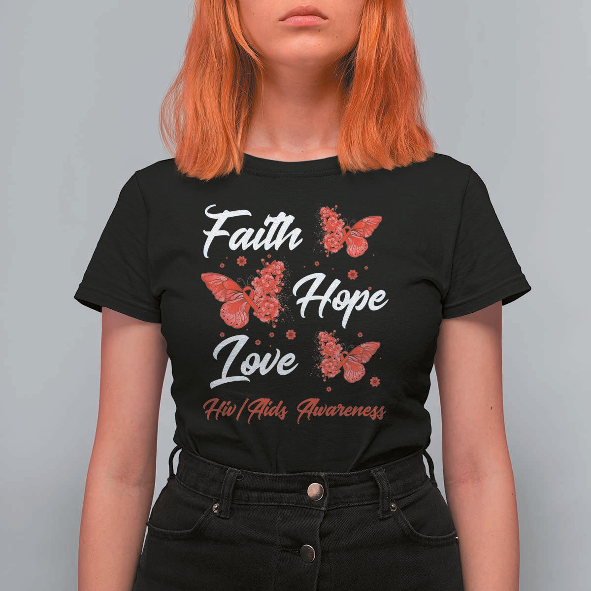 Faith Hope Love HIV AIDS Awareness Butterfly Gift T Shirt For Women - Wonder Print Shop