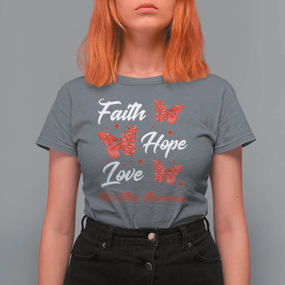 Faith Hope Love HIV AIDS Awareness Butterfly Gift T Shirt For Women - Wonder Print Shop