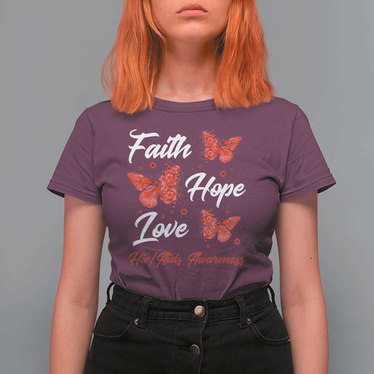 Faith Hope Love HIV AIDS Awareness Butterfly Gift T Shirt For Women - Wonder Print Shop