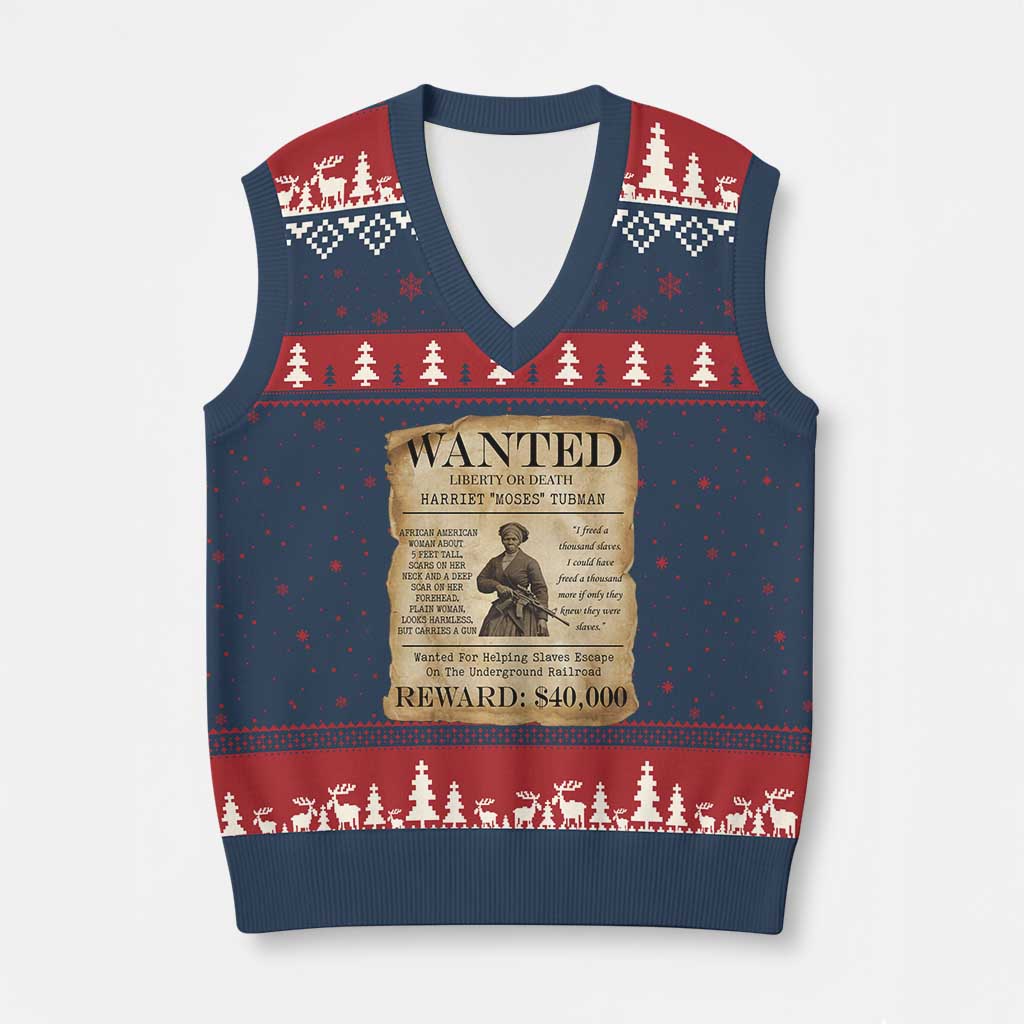 Vintage Harriet Tubman Poster V-Neck Knit Sweater Vest Wanted For Helping Slaves Escape - Wonder Print Shop