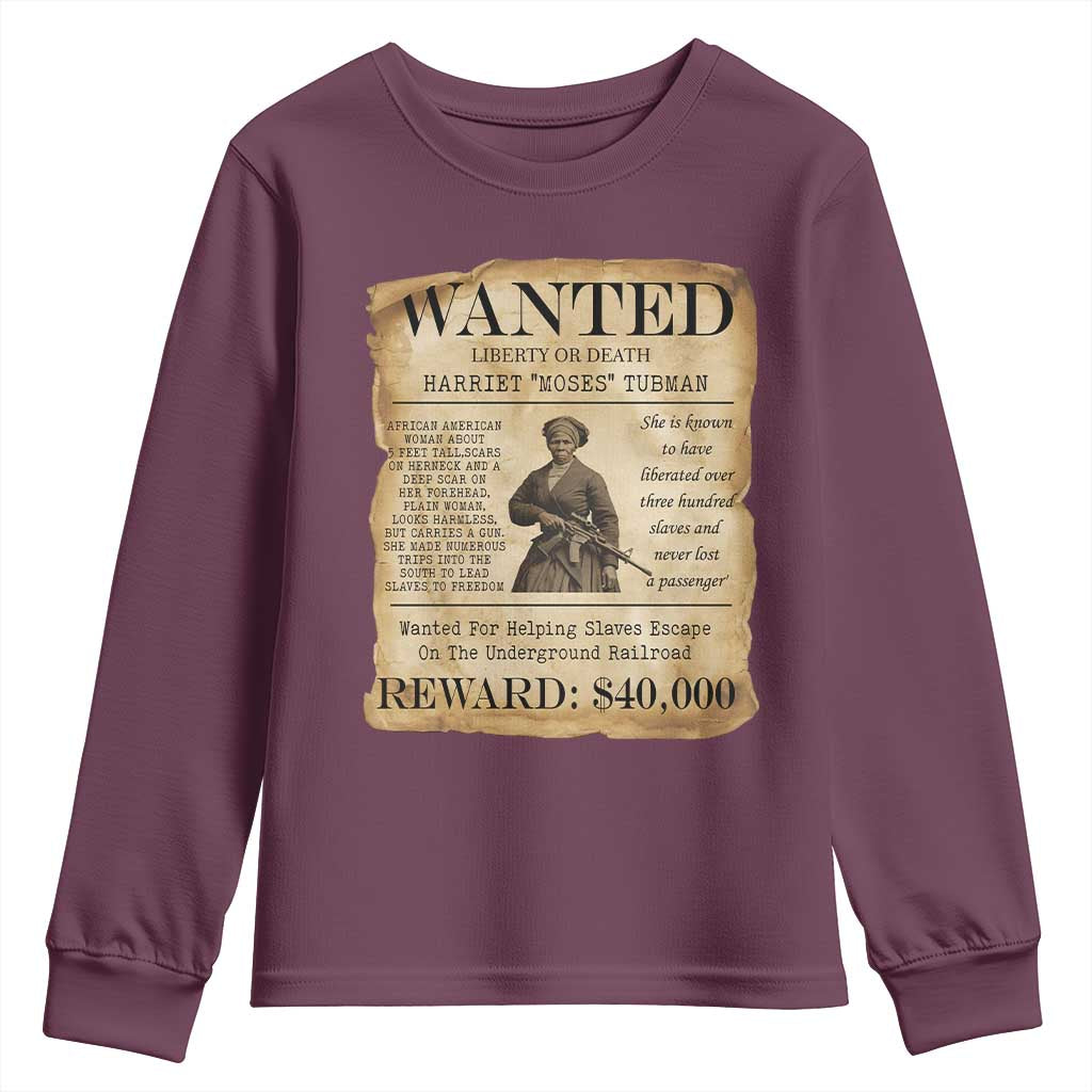 Harriet Tubman Wanted Reward Poster Youth Sweatshirt Liberty Or Death - Wonder Print Shop