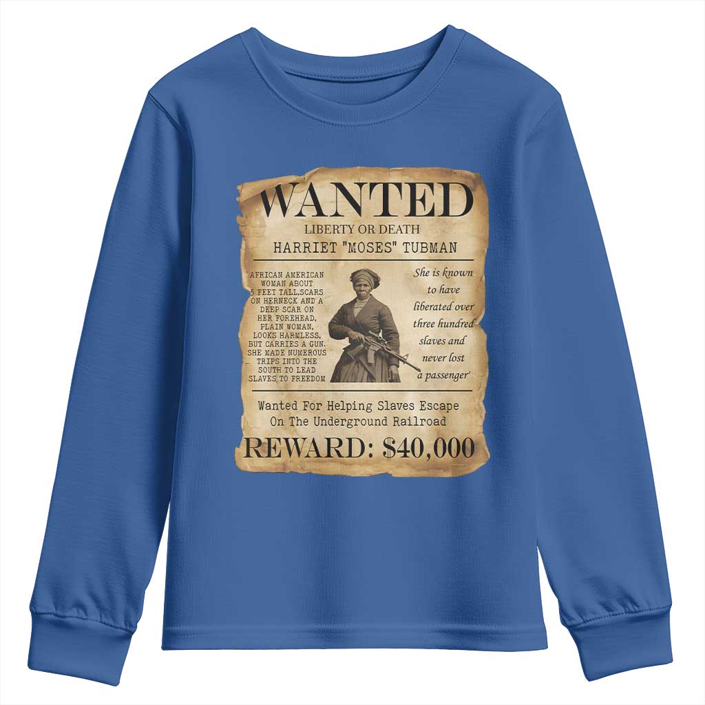Harriet Tubman Wanted Reward Poster Youth Sweatshirt Liberty Or Death - Wonder Print Shop