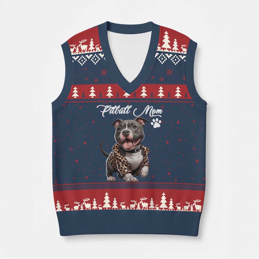 Pitbull Mom V-Neck Knit Sweater Vest Cute Pitbull Puppy Dog Lovers - Wonder Print Shop