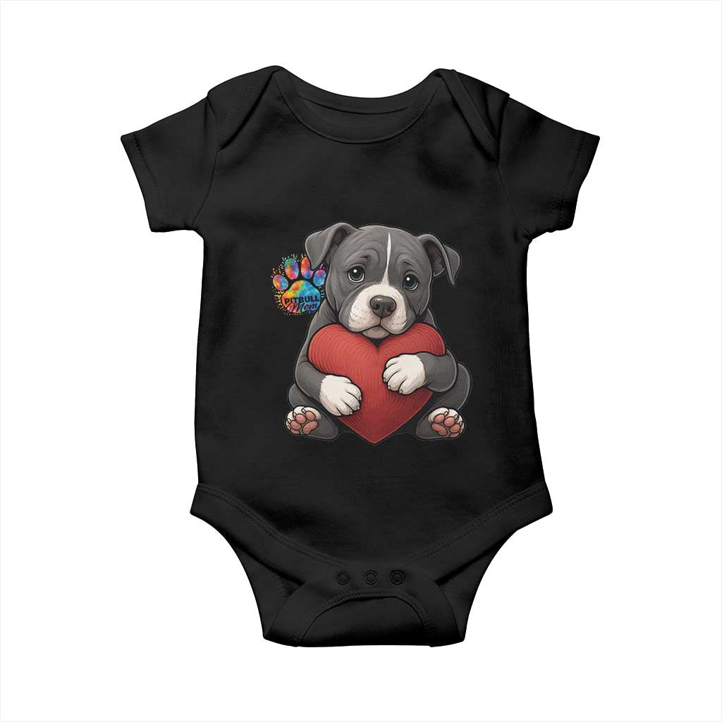 Pitbull Mom Baby Onesie Cute Puppy Hugging Heart Love Dog - Wonder Print Shop