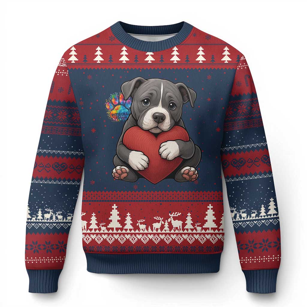 Pitbull Mom Ugly Christmas Sweater Cute Puppy Hugging Heart Love Dog - Wonder Print Shop