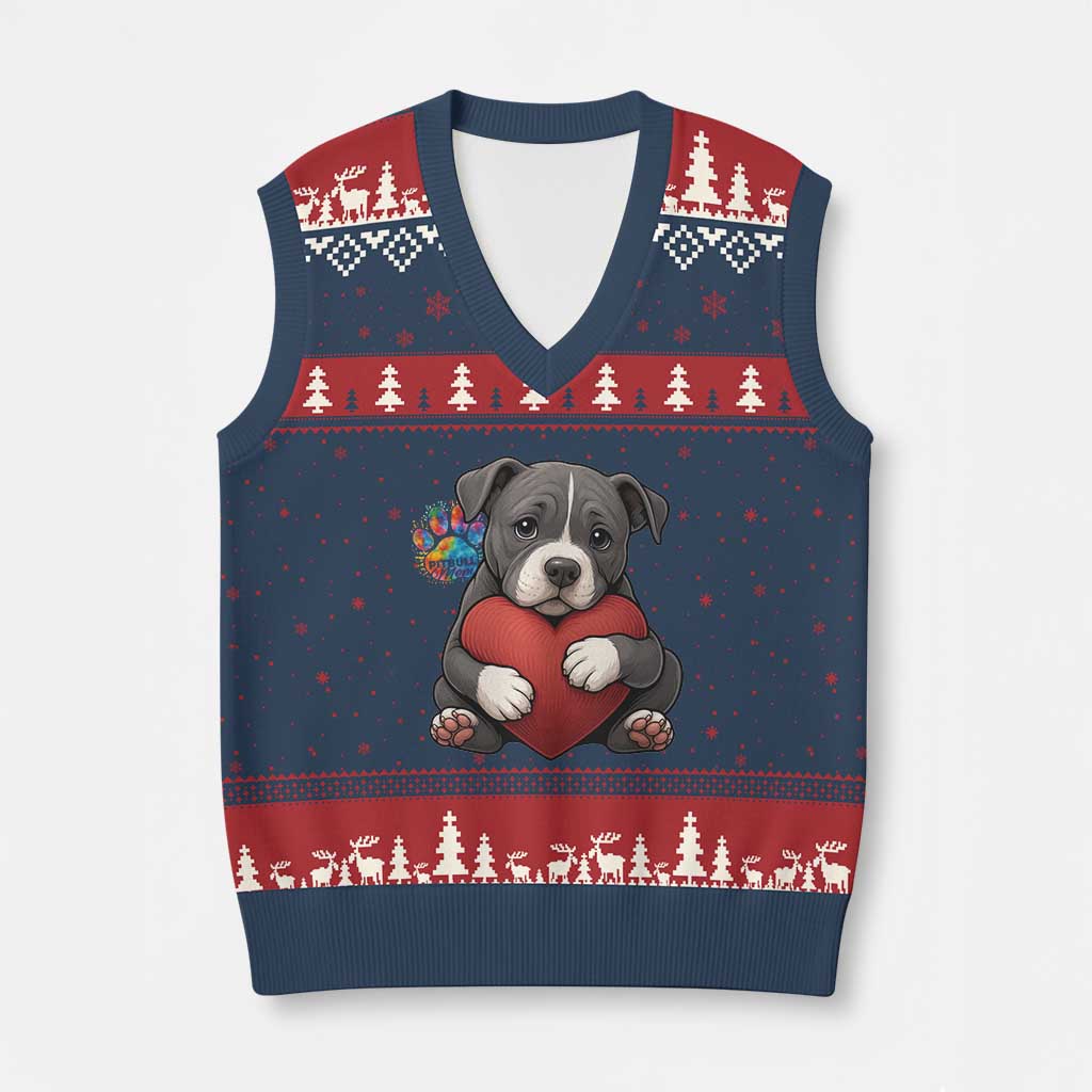 Pitbull Mom V-Neck Knit Sweater Vest Cute Puppy Hugging Heart Love Dog - Wonder Print Shop