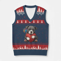 Pitbull Mom V-Neck Knit Sweater Vest Cute Puppy Hugging Heart Love Dog - Wonder Print Shop