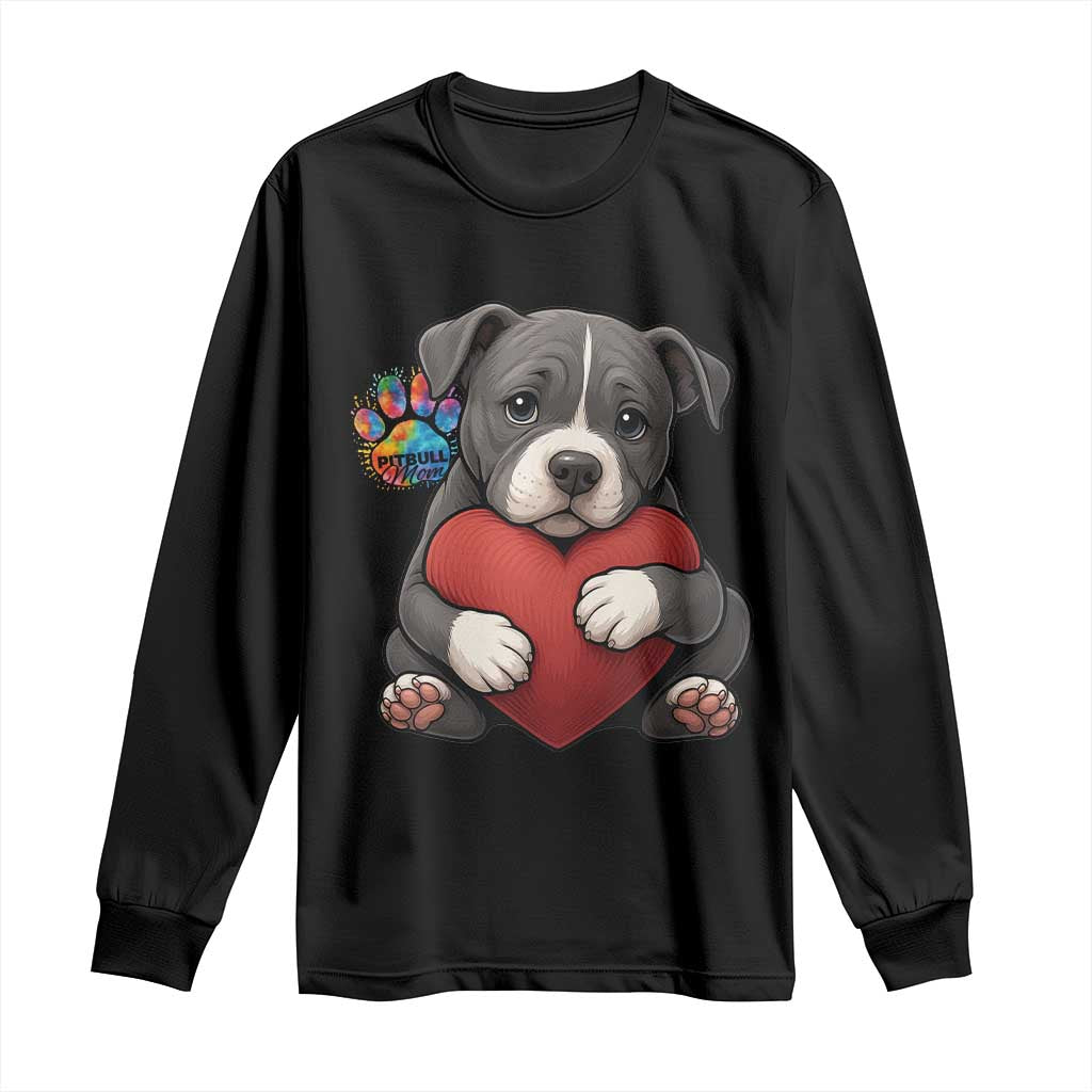 Pitbull Mom Long Sleeve Shirt Cute Puppy Hugging Heart Love Dog - Wonder Print Shop