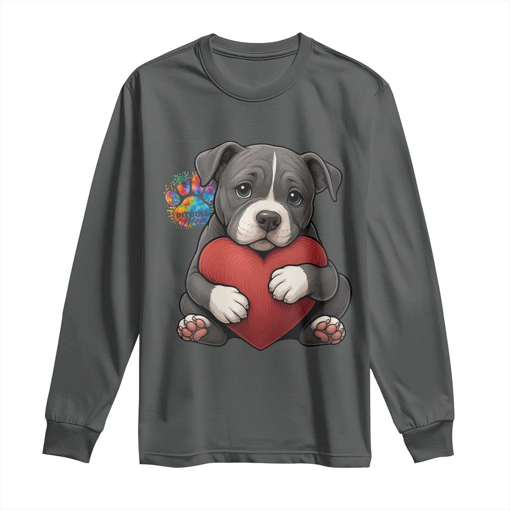 Pitbull Mom Long Sleeve Shirt Cute Puppy Hugging Heart Love Dog - Wonder Print Shop