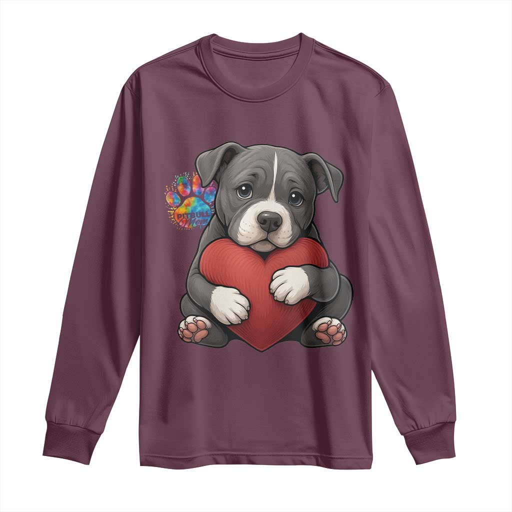 Pitbull Mom Long Sleeve Shirt Cute Puppy Hugging Heart Love Dog - Wonder Print Shop