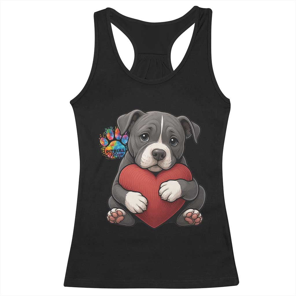 Pitbull Mom Racerback Tank Top Cute Puppy Hugging Heart Love Dog - Wonder Print Shop