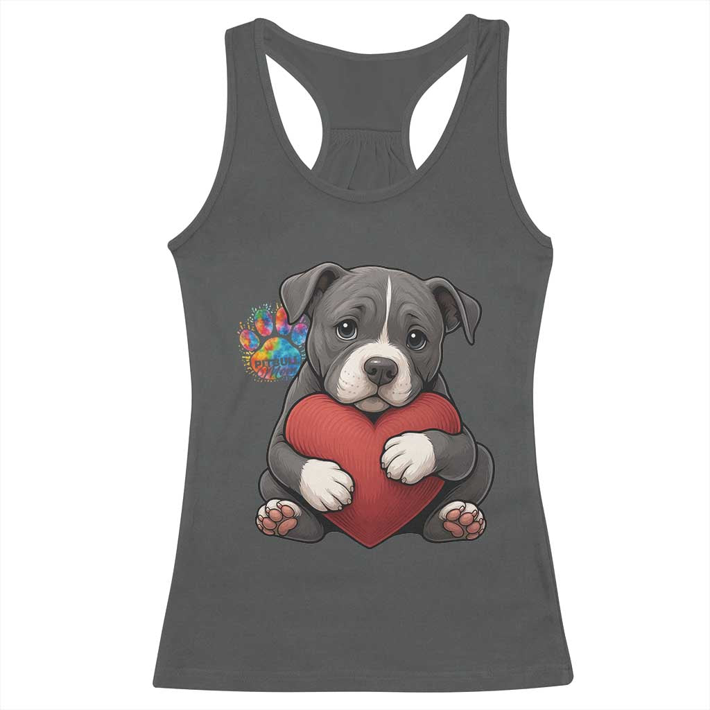 Pitbull Mom Racerback Tank Top Cute Puppy Hugging Heart Love Dog - Wonder Print Shop