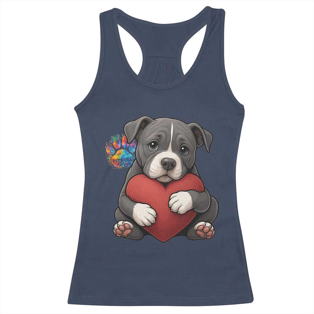Pitbull Mom Racerback Tank Top Cute Puppy Hugging Heart Love Dog - Wonder Print Shop