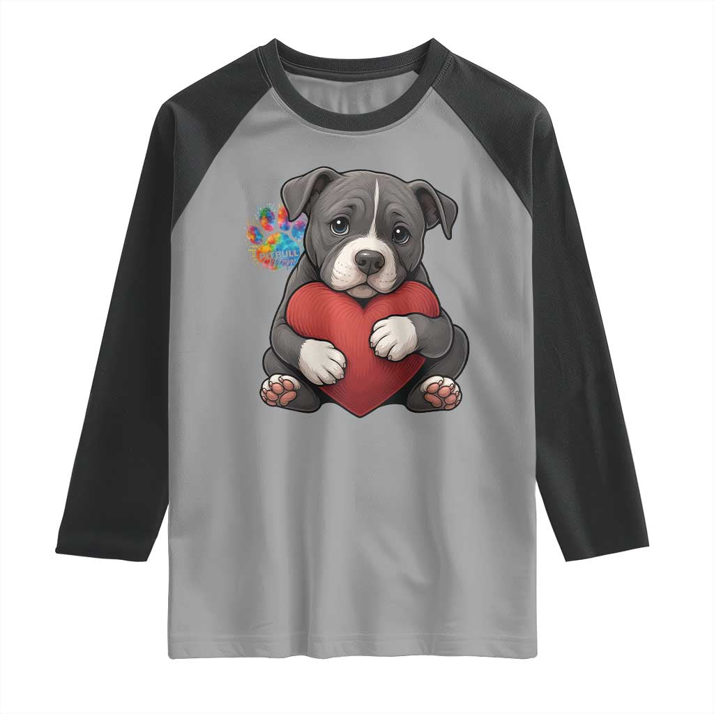 Pitbull Mom Raglan Shirt Cute Puppy Hugging Heart Love Dog - Wonder Print Shop