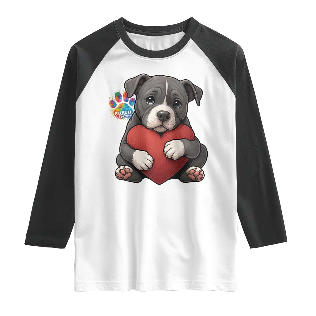 Pitbull Mom Raglan Shirt Cute Puppy Hugging Heart Love Dog - Wonder Print Shop