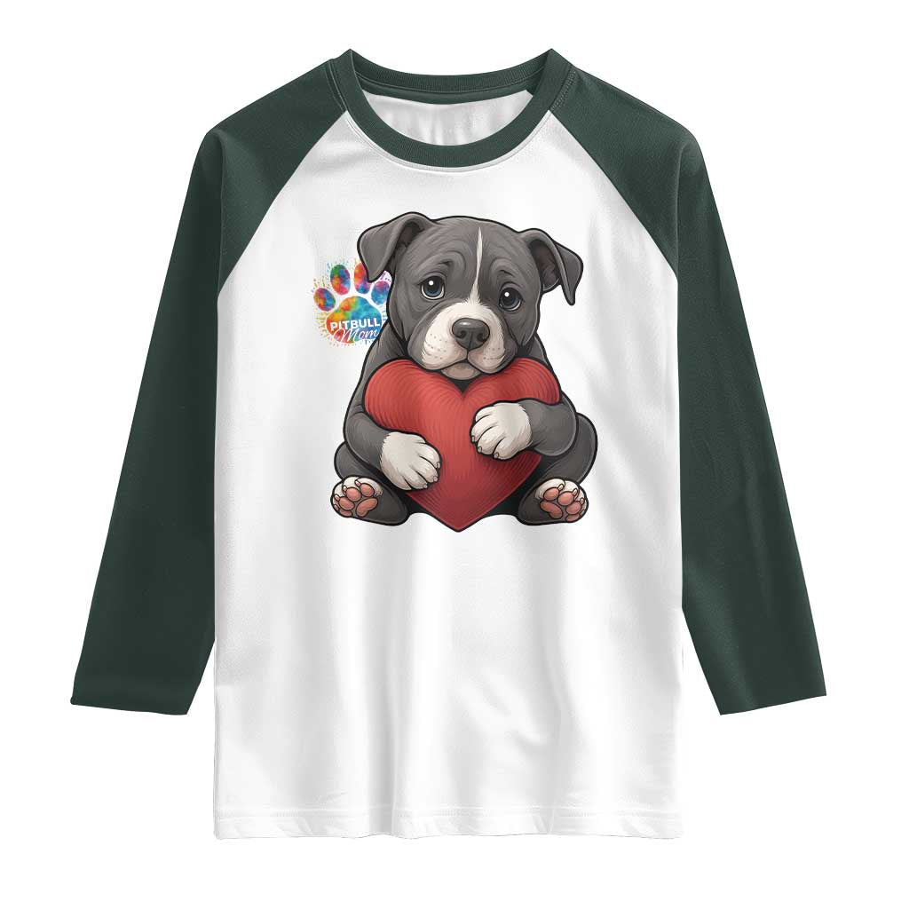Pitbull Mom Raglan Shirt Cute Puppy Hugging Heart Love Dog - Wonder Print Shop