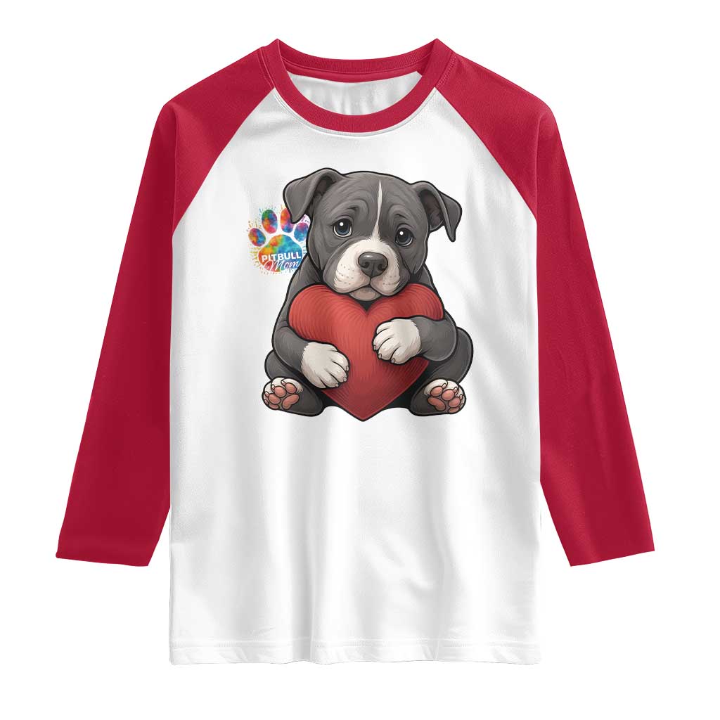 Pitbull Mom Raglan Shirt Cute Puppy Hugging Heart Love Dog - Wonder Print Shop