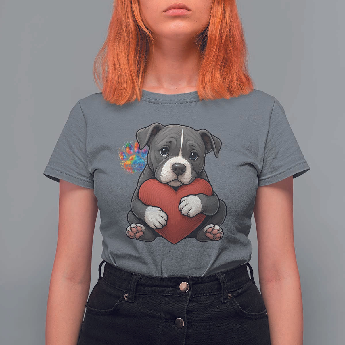 Pitbull Mom T Shirt For Women Cute Puppy Hugging Heart Love Dog - Wonder Print Shop
