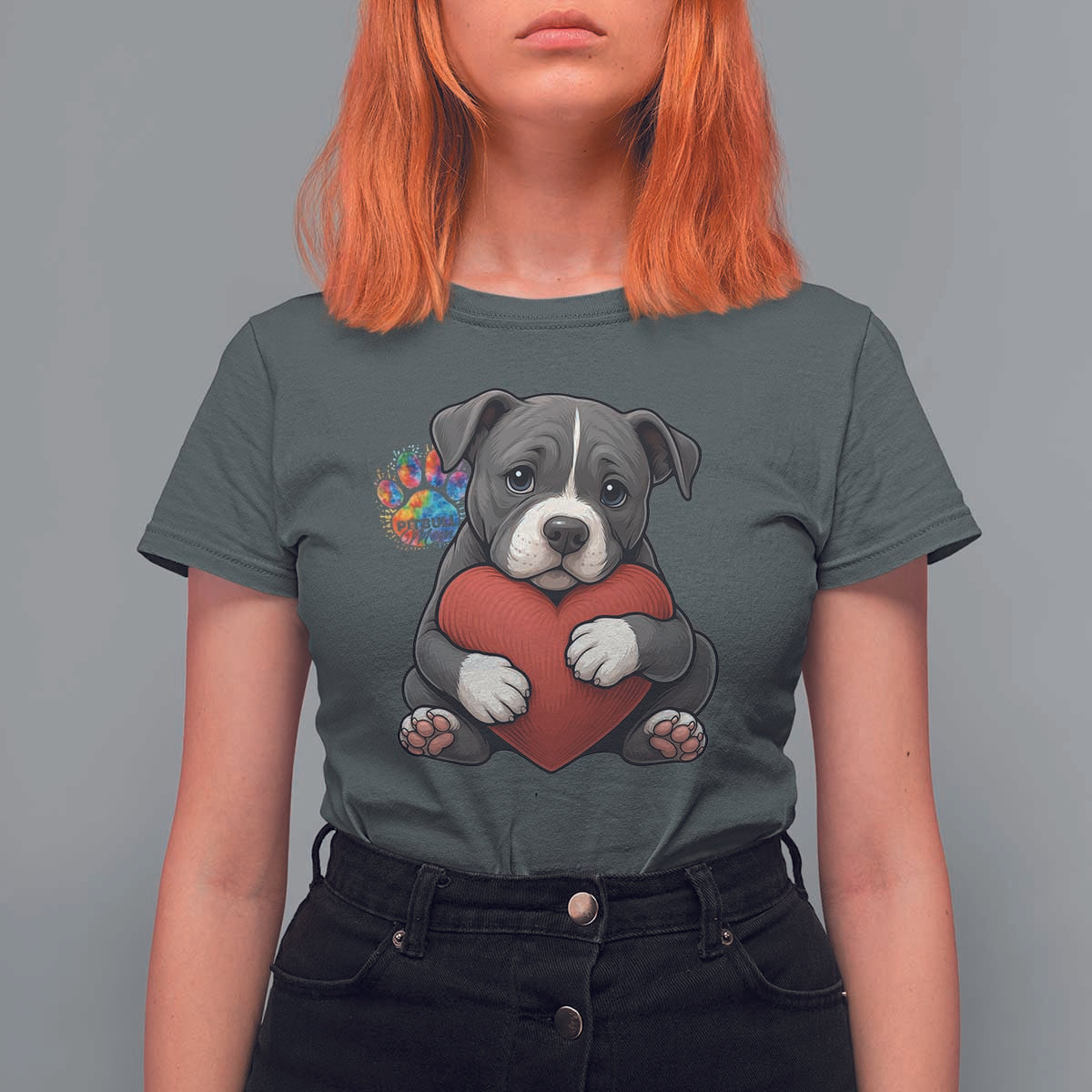 Pitbull Mom T Shirt For Women Cute Puppy Hugging Heart Love Dog - Wonder Print Shop