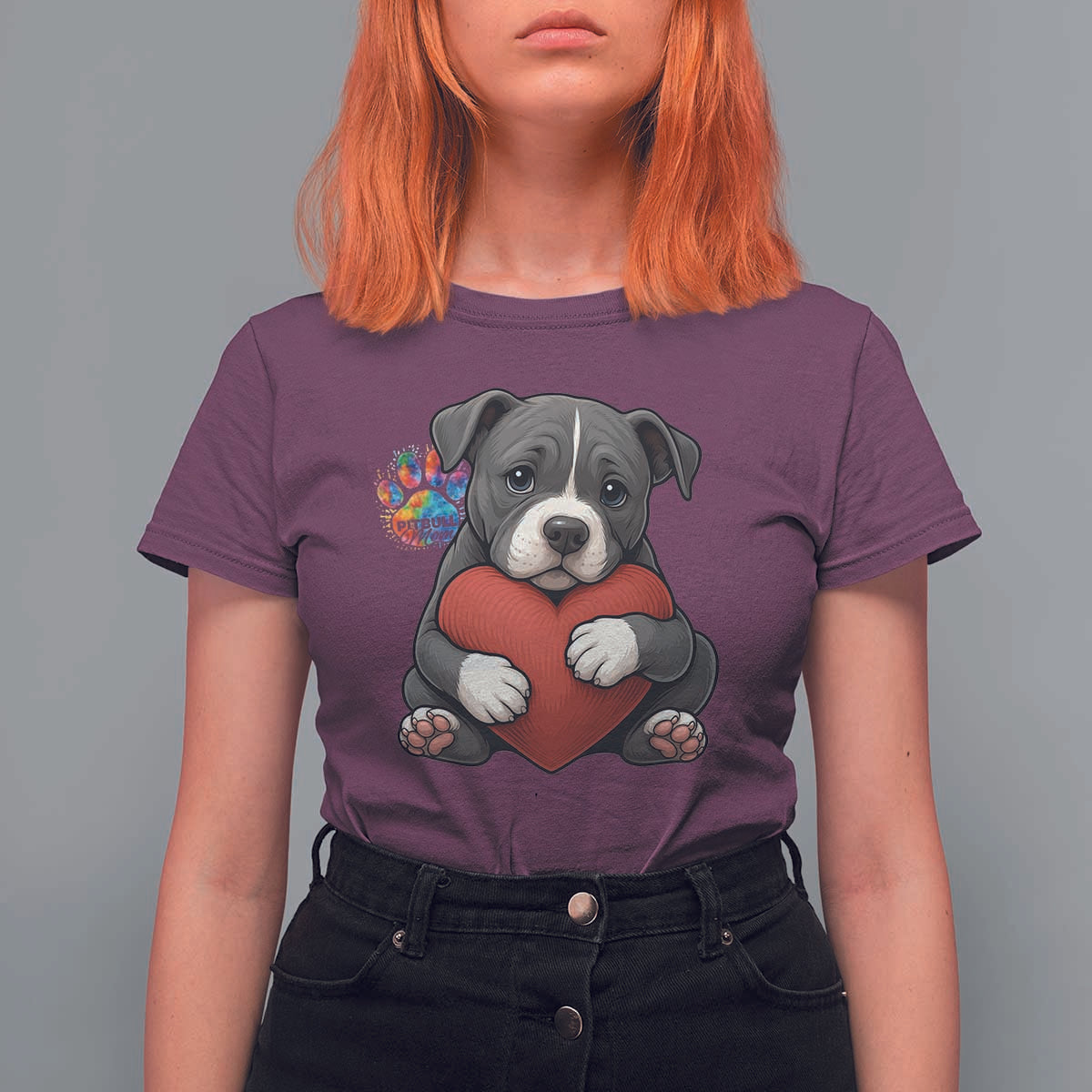 Pitbull Mom T Shirt For Women Cute Puppy Hugging Heart Love Dog - Wonder Print Shop
