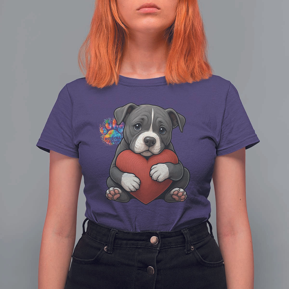 Pitbull Mom T Shirt For Women Cute Puppy Hugging Heart Love Dog - Wonder Print Shop