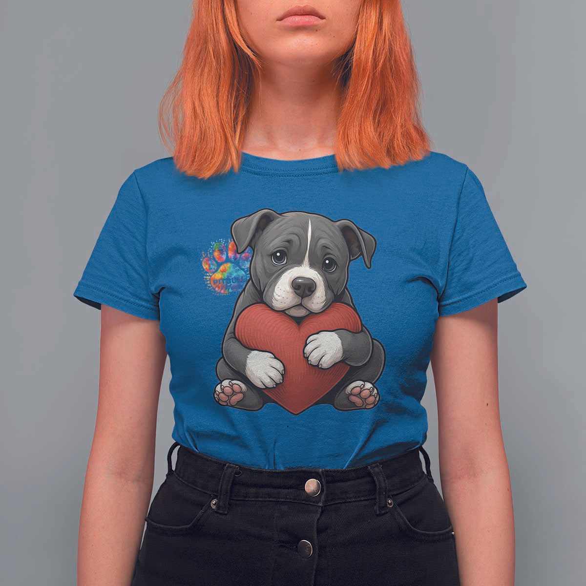 Pitbull Mom T Shirt For Women Cute Puppy Hugging Heart Love Dog - Wonder Print Shop