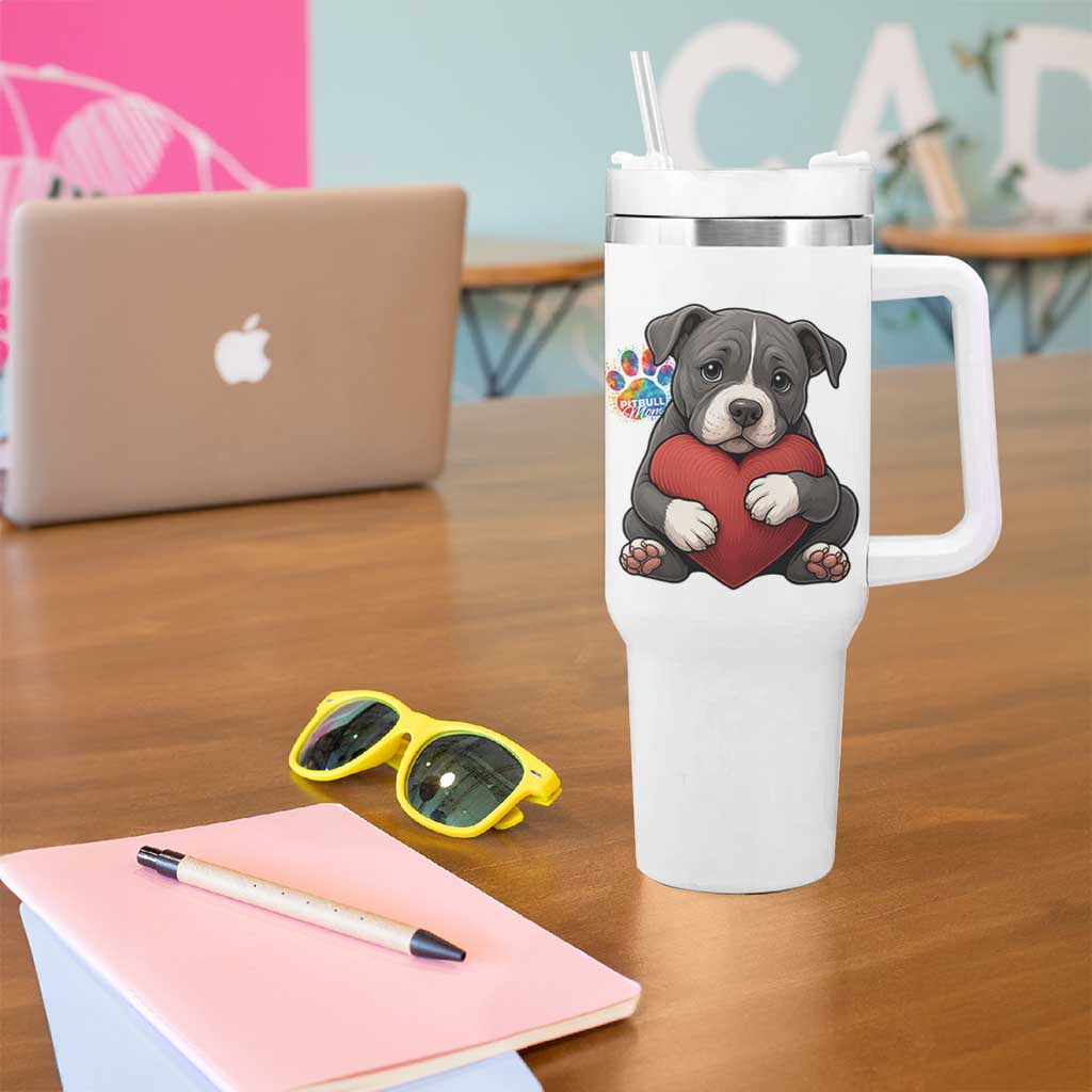 Pitbull Mom Tumbler With Handle Cute Puppy Hugging Heart Love Dog