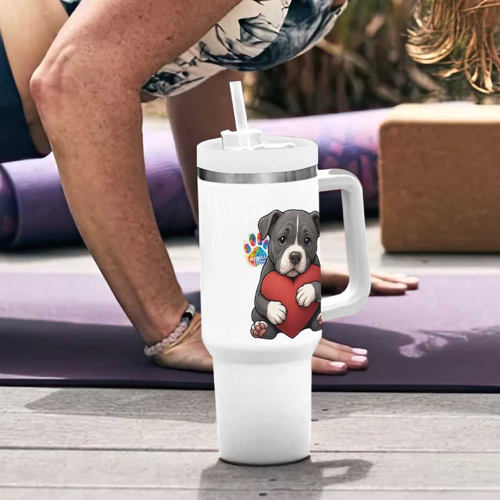 Pitbull Mom Tumbler With Handle Cute Puppy Hugging Heart Love Dog