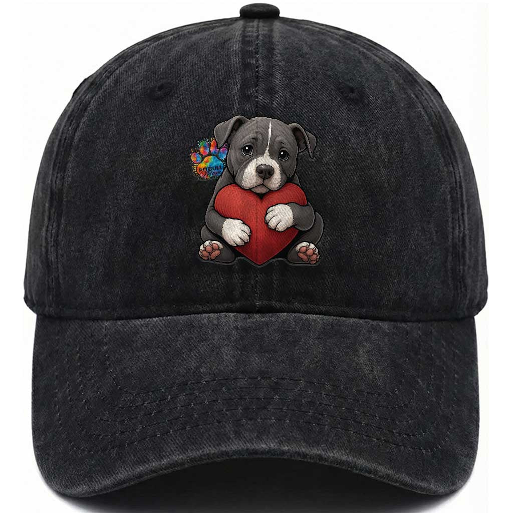 Pitbull Mom Washed Cotton Baseball Cap Cute Puppy Hugging Heart Love Dog