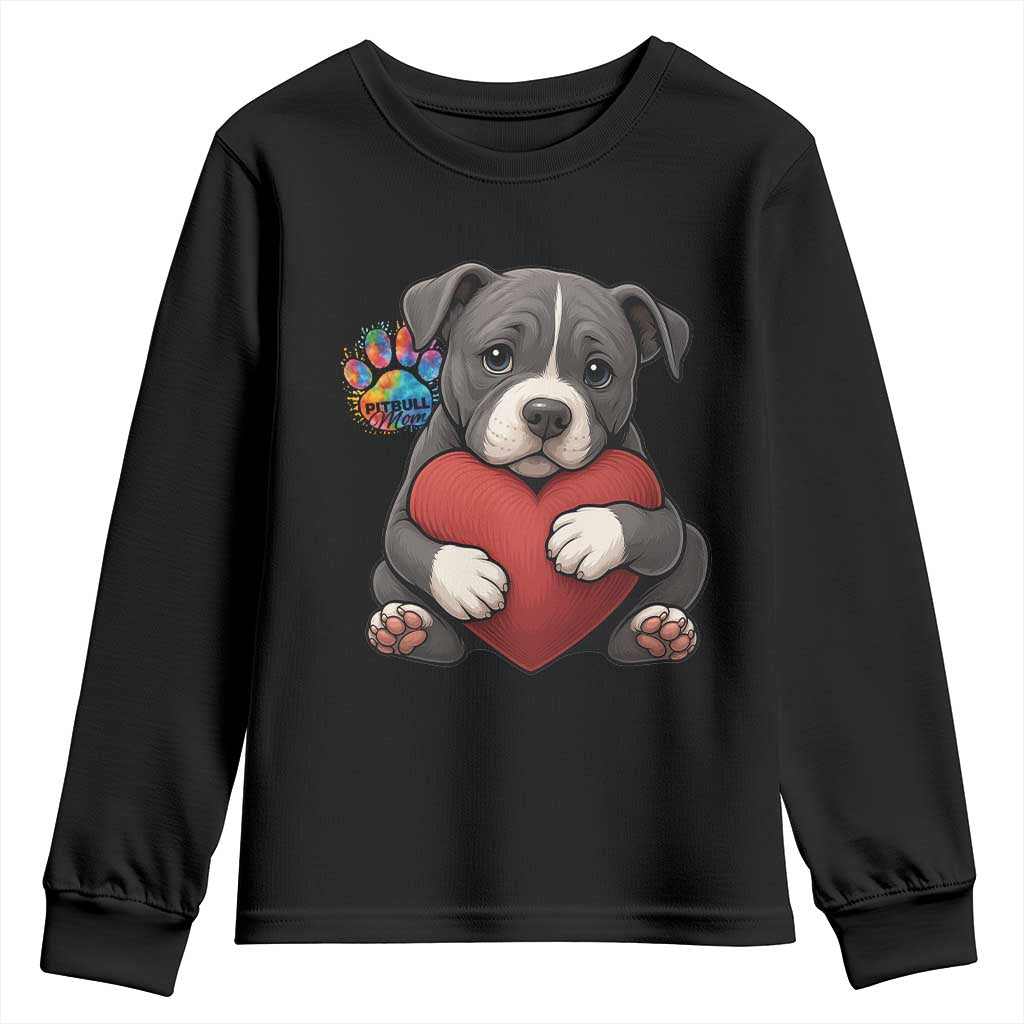 Pitbull Mom Youth Sweatshirt Cute Puppy Hugging Heart Love Dog - Wonder Print Shop