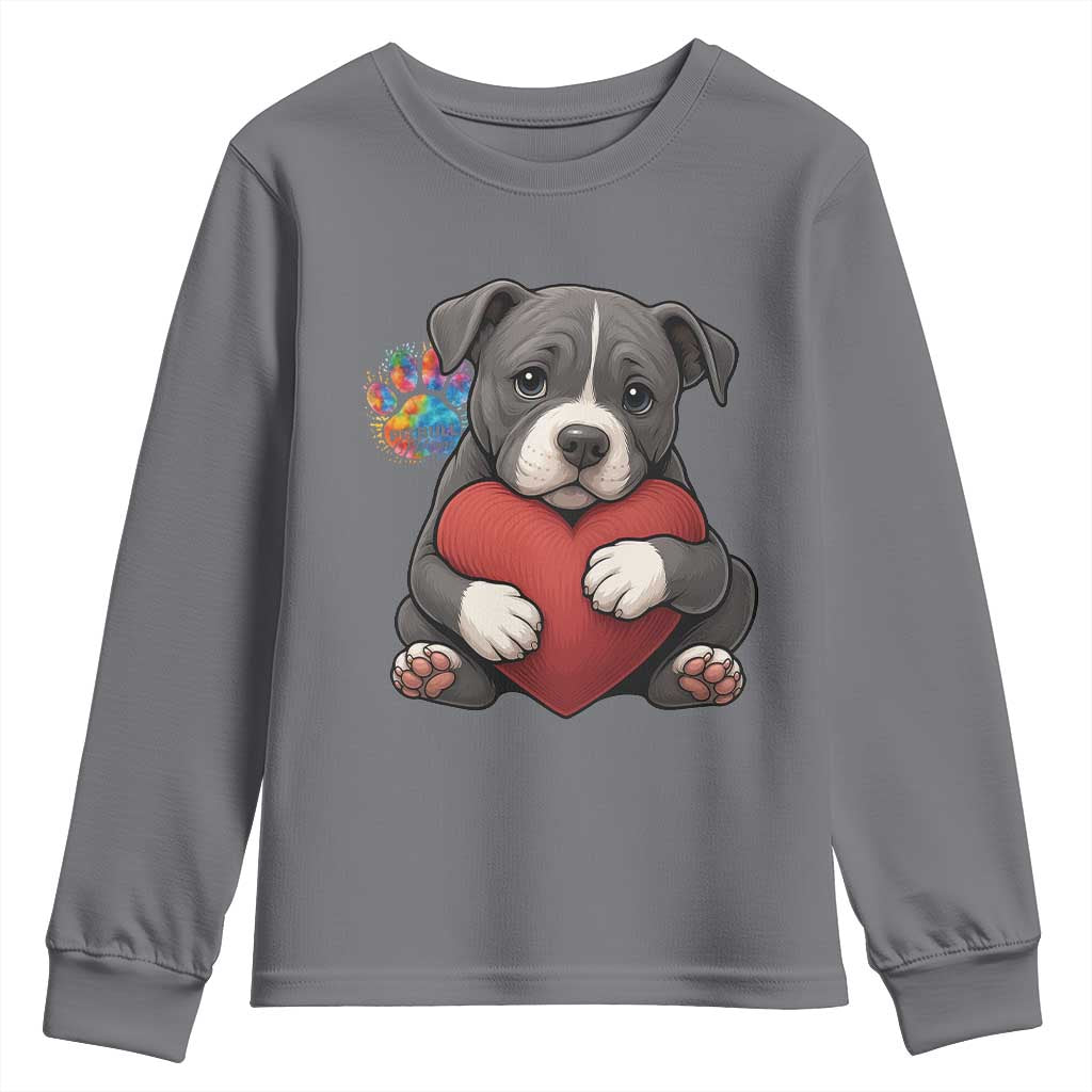 Pitbull Mom Youth Sweatshirt Cute Puppy Hugging Heart Love Dog - Wonder Print Shop
