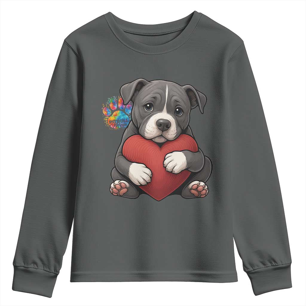Pitbull Mom Youth Sweatshirt Cute Puppy Hugging Heart Love Dog - Wonder Print Shop