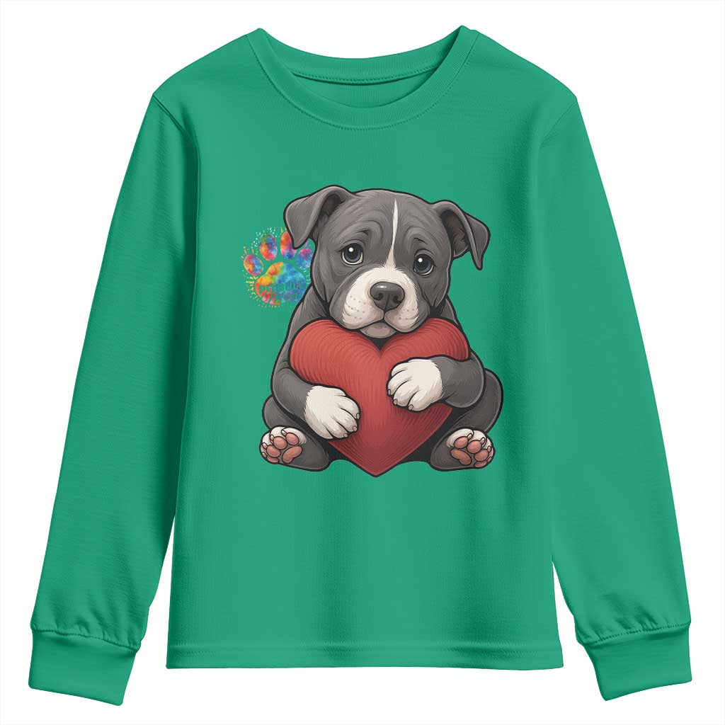 Pitbull Mom Youth Sweatshirt Cute Puppy Hugging Heart Love Dog - Wonder Print Shop