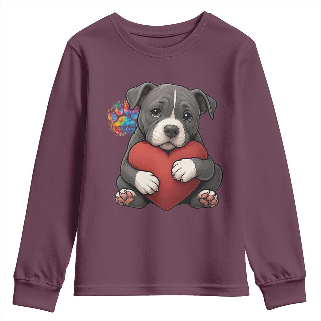 Pitbull Mom Youth Sweatshirt Cute Puppy Hugging Heart Love Dog - Wonder Print Shop
