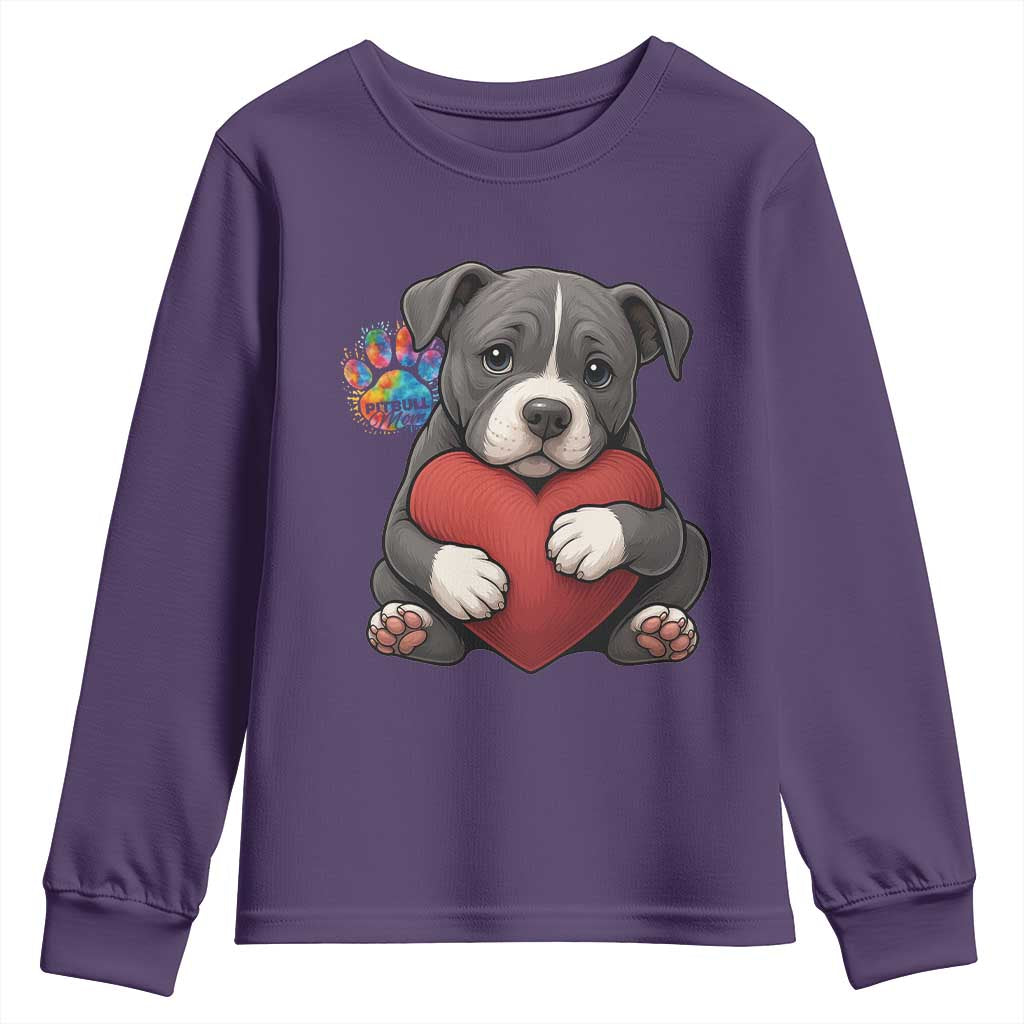 Pitbull Mom Youth Sweatshirt Cute Puppy Hugging Heart Love Dog - Wonder Print Shop