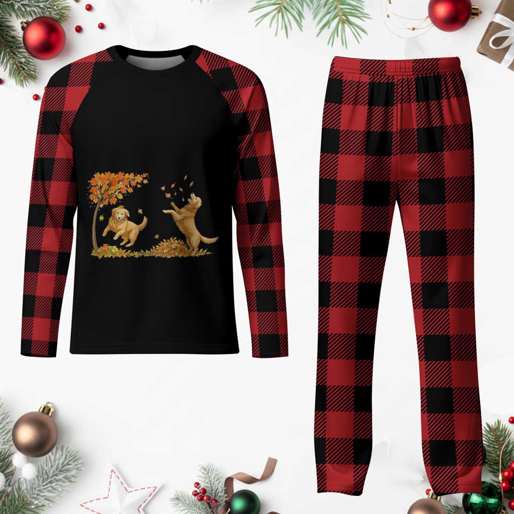 Funny Hello Fall Thanksgiving Golden Retriever Plaid Pajama Set - Wonder Print Shop
