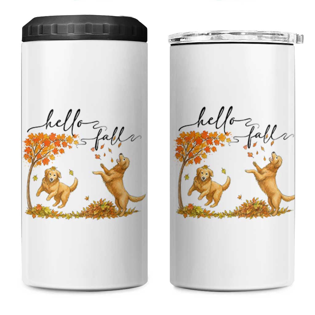 Funny Hello Fall Thanksgiving Golden Retriever 4 in 1 Can Cooler Tumbler