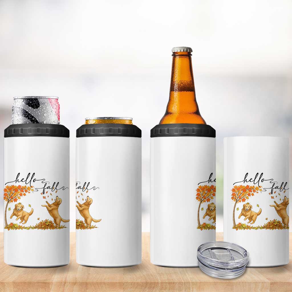 Funny Hello Fall Thanksgiving Golden Retriever 4 in 1 Can Cooler Tumbler