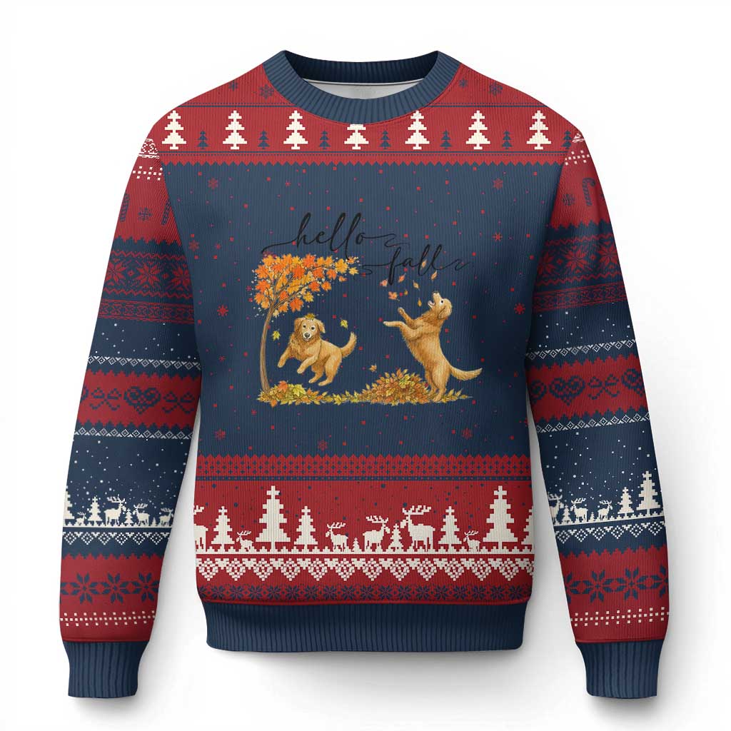Funny Hello Fall Thanksgiving Golden Retriever Ugly Christmas Sweater - Wonder Print Shop