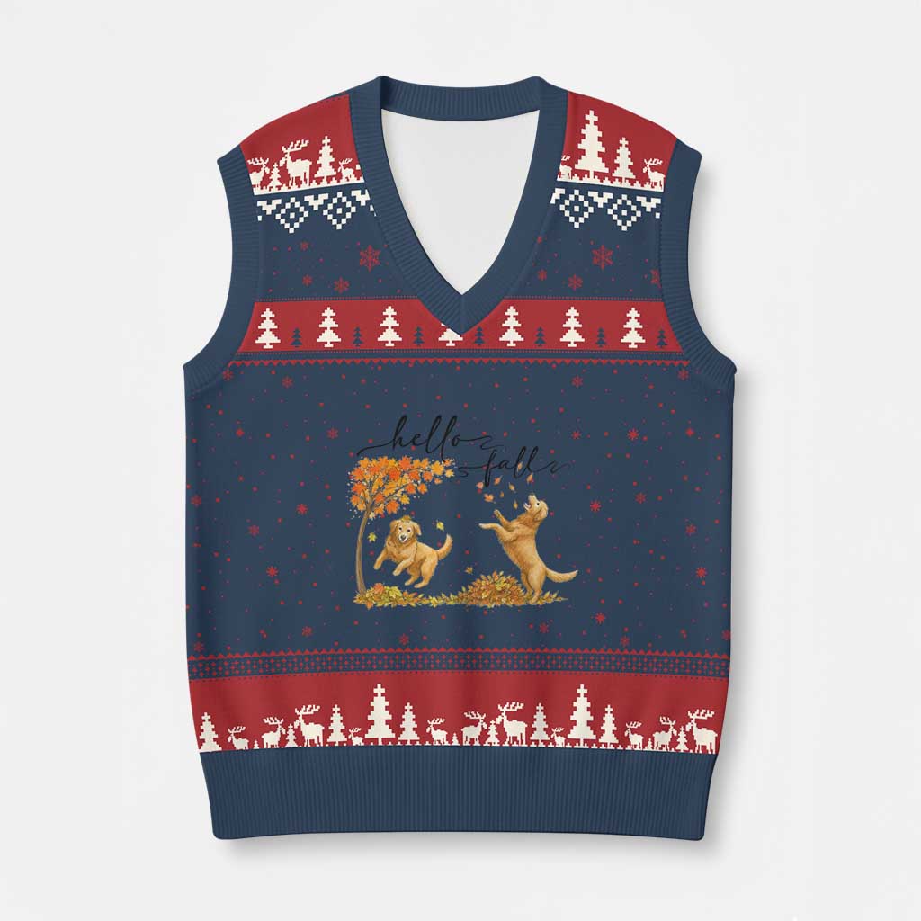 Funny Hello Fall Thanksgiving Golden Retriever V-Neck Knit Sweater Vest - Wonder Print Shop