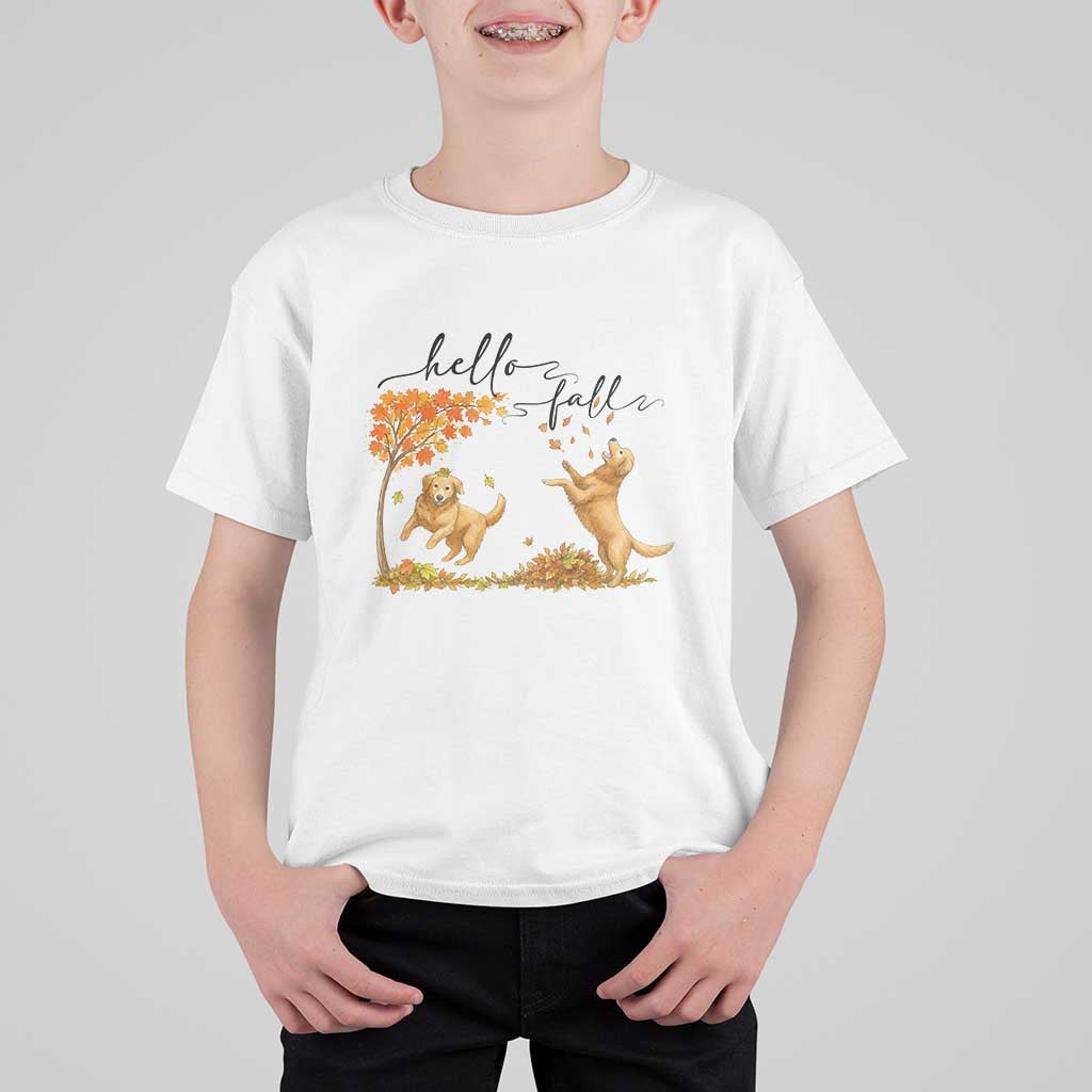 Funny Hello Fall Thanksgiving Golden Retriever T Shirt For Kid - Wonder Print Shop
